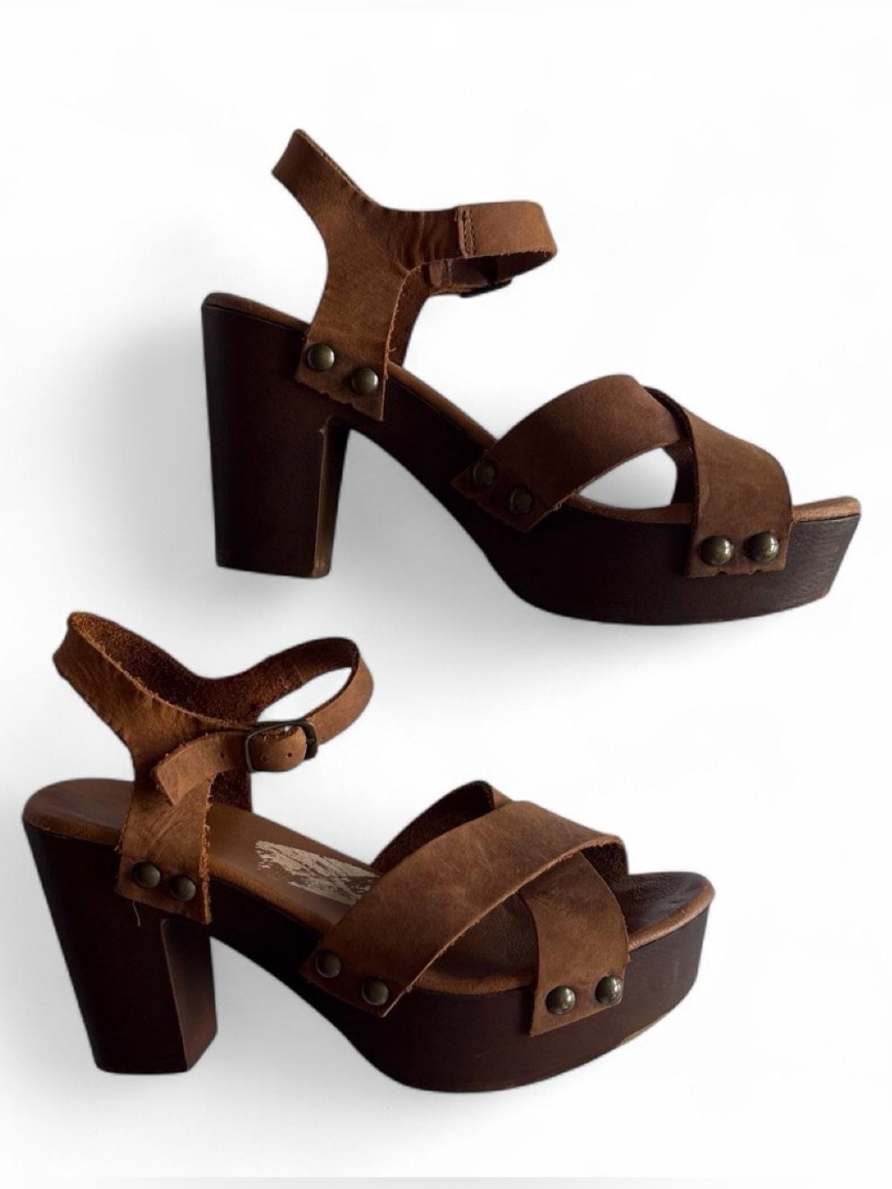 Italian Brown Leather Platform Sandal Chunky Heel Ankle Strap Brass Nailhead 8.5